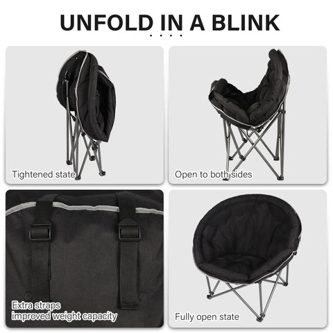 Steps to unfold XXL Folding Round Camping Chair With Super Cushioned Padded Seat For All Day Comfort Heavy Duty Frame Supports Up To 400 Lbs