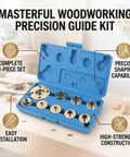 Kickass 11 Piece Brass Router Bushing Kit With Universal Lock Nuts And Heavy Duty Case displayed in blue case with brass bushings and tools.