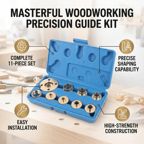 Kickass 11 Piece Brass Router Bushing Kit With Universal Lock Nuts And Heavy Duty Case displayed in blue case with brass bushings and tools.