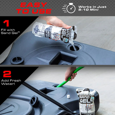 Person using Sand Gel Weighted Base Filler For Indoor And Outdoor Basketball Hoops And Umbrella Bases Just Add Water 16 oz