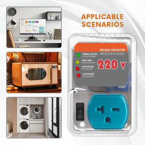 Heavy-Duty 20A 4400W Surge Protector With Smart Circuit Plug And Outlet Saver For Refrigerator And AC shown with application scenarios