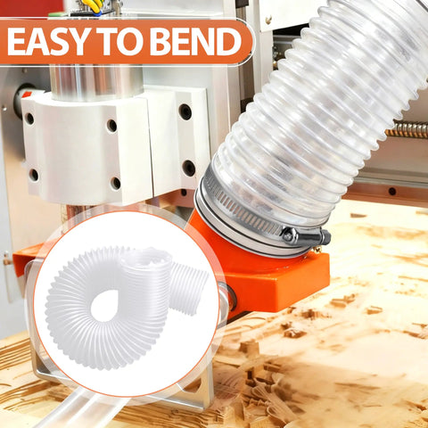 Two And A Half Inch By Three Foot Ultra Flex Puncture Resistant PVC Dust Collection Hose With Stainless Steel Clamps For Woodworking Shops Tough As Nails Ducting That Keeps Sawdust In Check attached to woodworking machine highlighting flexibility