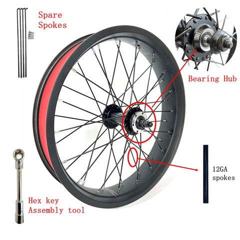 Beefy Front Fat Bike Wheel Set 20x4.0 Bolt On Rim For Snow Riding, showing dual bearing hub and spare spokes, 135mm dropout.