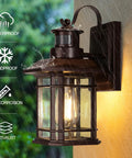 Two Pack Motion Sensor Wall Lights Dusk To Dawn Outdoor Wall Mount Oil Rubbed Bronze Front Porch Light in rain demonstration