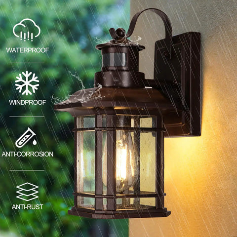 Two Pack Motion Sensor Wall Lights Dusk To Dawn Outdoor Wall Mount Oil Rubbed Bronze Front Porch Light in rain demonstration
