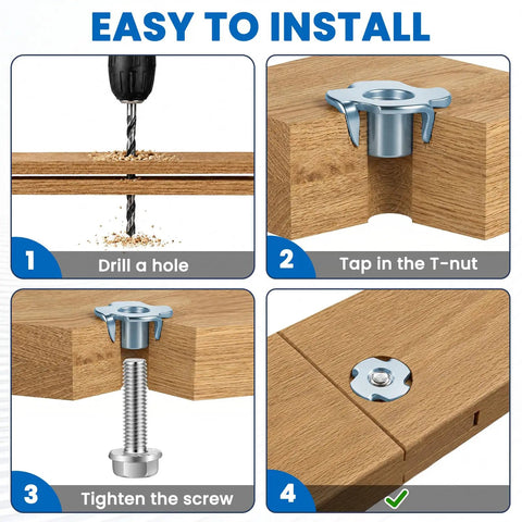 Installation guide for 4 Pronged Tee Nut Zinc Plated Steel Built Tough For Wood And Furniture 4 Jaw Threaded Insert Pack Of 100