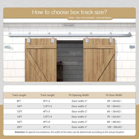 Illustration showing size chart and installation of Heavy Duty Exterior Sliding Barn Door Hardware Kit With Galvanized Steel Construction, 450 Lb Capacity.