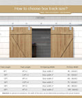 8 Ft Heavy Duty Galvanized Steel Exterior Sliding Barn Door Hardware Kit For Outdoor Use With Anti Corrosion Finish Roll Formed Construction 450 Lb Capacity Fits Up To 2 Doors Each Door Up To 24 Inches Wide Maximum 48 Inches Overall diagram showing track sizes and door widths