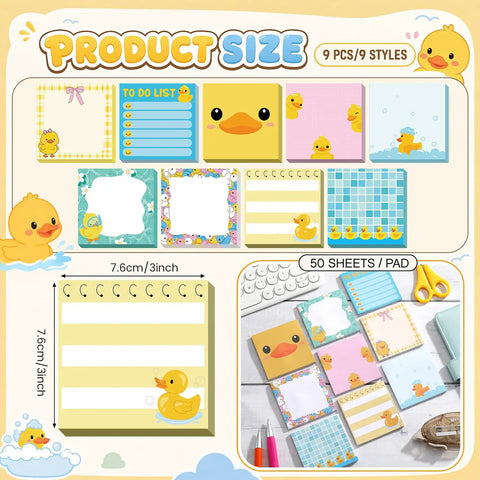 Duck Themed 9 Pack Sticky Notes 3x3 Inch Self Stick Memo Pads For Office School Students And Teachers showcasing various designs.