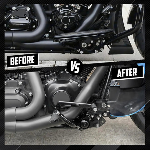 Mid Control Footpeg Kit For Harley Touring 2009-2025 Upgrade Ergonomic Forward Controls With Optimized Angles And Extended Lengths To Cut Riding Fatigue Fits Road King Street Glide Road Glide Ultra Limited Touring Models before and after black aluminum
