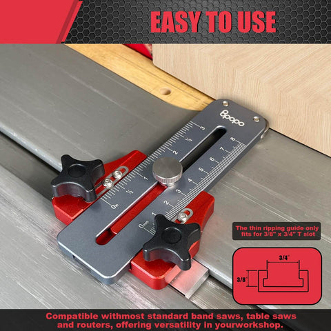 Thin Rip Jig For Table Saws And Routers, Safe Quick Narrow Strip Rip Guide For Repetitive Cuts, Fits Three Quarters By Three Eighths T Slots, Works With Band Saws And Miter Slots, Durable Aluminum shown installed on table saw