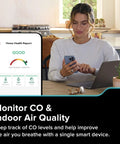 Smart Carbon Monoxide Detector And Indoor Air Quality Monitor With Real Time Alerts No Subscription Needed Plug In With Battery Backup 2 4 GHz Wi Fi Rotating Plug 85 dB Alarm IAQ Insights For Homes shown with app.