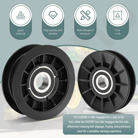 GX20286 GX20287 V Idler Pulley And Flat Idler Pulley Kit for lawn mower decks, showcasing black durable design