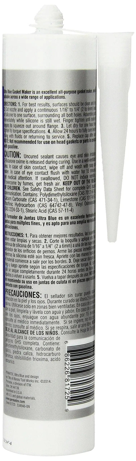 Side view of Sensor Safe Ultra Blue RTV Silicone Gasket Maker 13 Oz For Oil Resistant Seals with application nozzle