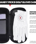 Open performance golf glove case with heavy duty hard shell and breathable mesh back, holding gloves and a mobile phone.