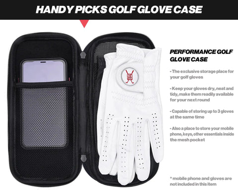 Open performance golf glove case with heavy duty hard shell and breathable mesh back, holding gloves and a mobile phone.