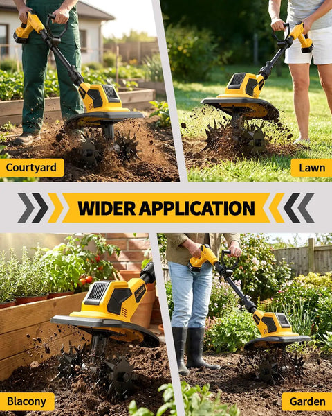 Cordless Tiller Cultivator with 48 Steel Tines in courtyard, lawn, balcony, and garden settings, lightweight and cordless