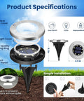 Close-up of Six Pack Solar Pool Lights For Above Ground Pools Waterproof LED Outdoor Pool Lights Easy Nighttime Safety Illumination Cool White Decoration Set Of Six Energy Saving Quick Install with specifications.