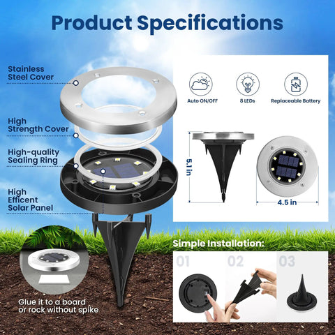 Close-up of Six Pack Solar Pool Lights For Above Ground Pools Waterproof LED Outdoor Pool Lights Easy Nighttime Safety Illumination Cool White Decoration Set Of Six Energy Saving Quick Install with specifications.