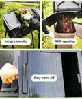 Four Chamber Rotating Compost Bin With Independent Drum Design Metal Frame And PE Shell 74 Gallon Capacity Sliding Doors Easy Tumbling For Quick Kitchen And Garden Waste No Mess In Your Yard, showing large capacity, wide opening, and easy-open lid features in use