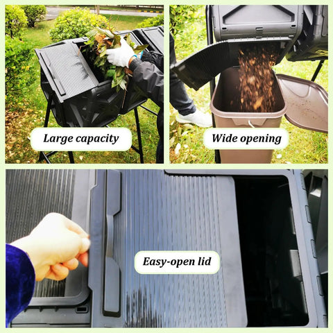 Four Chamber Rotating Compost Bin With Independent Drum Design Metal Frame And PE Shell 74 Gallon Capacity Sliding Doors Easy Tumbling For Quick Kitchen And Garden Waste No Mess In Your Yard, showing large capacity, wide opening, and easy-open lid features in use