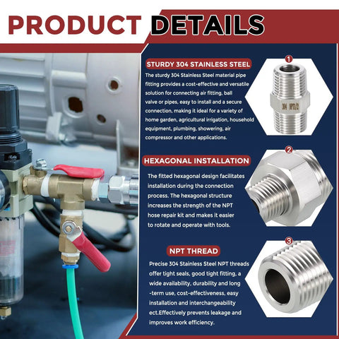 Product details of Rock Solid Three Eighths Inch NPT To One Quarter Inch NPT Stainless Steel Hex Nipple Hose Connector Adapter
