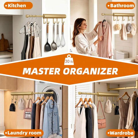 Knockout Twelve Inch Retractable Closet Pull Out Rod Featuring Five Heavy Gauge Steel Rings For Zero Fuss Hangin Of Belts And Accessories Handles Up To Thirty Pounds Of Winter Coats And Daily Duds In Polished Gold in kitchen, bathroom, laundry room and wardrobe.