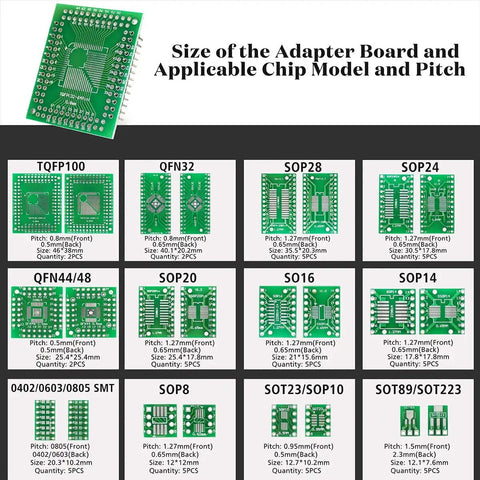 Chart of 12 Types SMD To DIP Adapter PCB Proto Board Kit With SOP8 SOP10 SOP14 SOP16 SOP20 SOP24 SOP28 0402 0603 0805 SMT SOT89 SOT223 TQFP100 QFN32 QFN44 QFN48