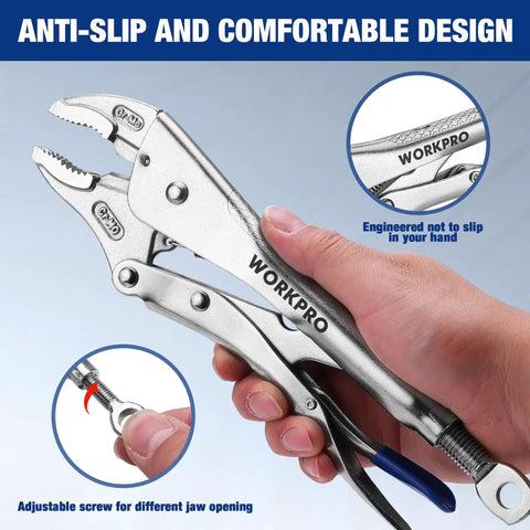 Locking Pliers Set With Curved Jaw And Long Nose, 5, 7, 10 Inch and Six Point Five And Nine Point Five Inch Sizes, CRMO steel