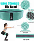 Super Strong Hip Band with elastic and flexible material diagram, shown with woman using the band for squats, 50-70LB resistance.