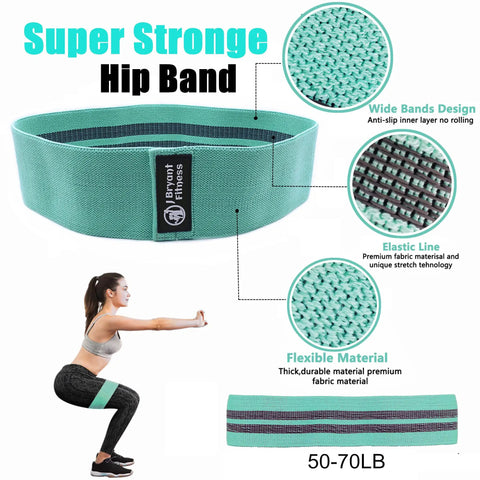 Super Strong Hip Band with elastic and flexible material diagram, shown with woman using the band for squats, 50-70LB resistance.