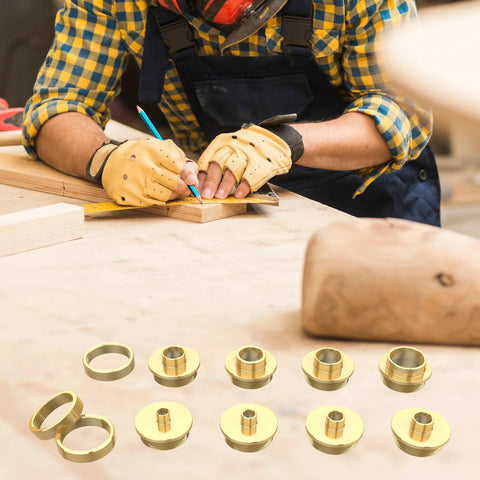 11-piece brass router template bushing set for 1/4 inch shank on a workbench