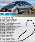 Heavy Duty Remax Serpentine Drive Belt That Fits Honda Civic Chevy Camaro Dodge Charger Plus More, shown on compatible vehicles.