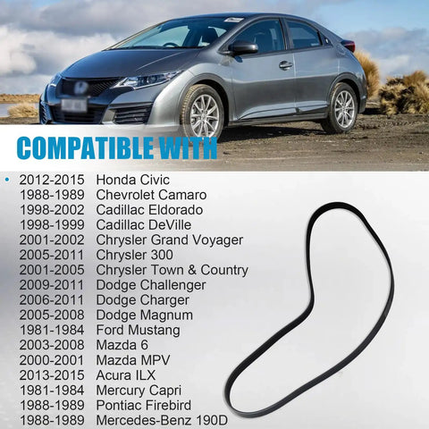 Heavy Duty Remax Serpentine Drive Belt That Fits Honda Civic Chevy Camaro Dodge Charger Plus More, shown on compatible vehicles.