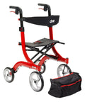 Sweet Ride Four Wheel Rollator With Seat Featuring Massive Ten Inch Wheels Foldable Lightweight Frame And Padded Comfortable Bench Ergonomic Grips Built Different Durability Sleek Red Finish For Senior Mobility And Daily Routines with a black storage bag.
