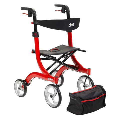 Sweet Ride Four Wheel Rollator With Seat Featuring Massive Ten Inch Wheels Foldable Lightweight Frame And Padded Comfortable Bench Ergonomic Grips Built Different Durability Sleek Red Finish For Senior Mobility And Daily Routines with a black storage bag.