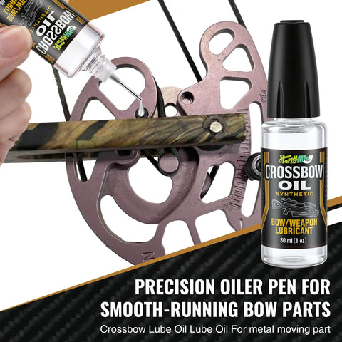 Crossbow Maintenance Kit With Rail Lube And Oil shown with applicator pen placed over crossbow parts for lubrication