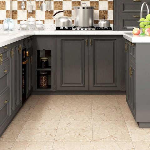 Kitchen with 32 Pack Peel And Stick Vinyl Floor Tiles 12x12 Inches Waterproof Removable Flooring For Renters Beige Linoleum Look