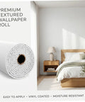 Solid White Peel And Stick Wallpaper With Linen Texture Waterproof Self Adhesive Contact Paper For Kitchens Bedrooms Darn Easy To Apply Snazzy Moisture Resistant Wall Covering 19 69 By 16 4 Feet displayed rolled up in a modern bedroom setting.