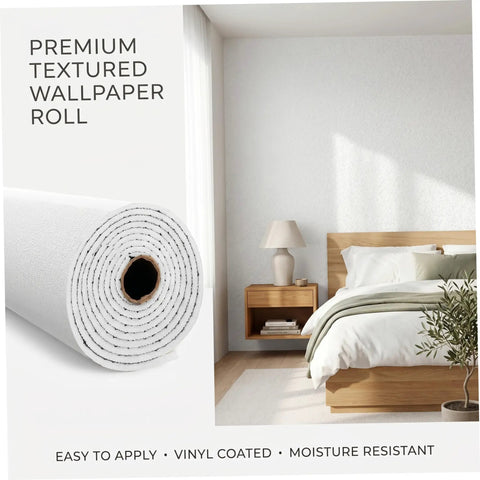 Solid White Peel And Stick Wallpaper With Linen Texture Waterproof Self Adhesive Contact Paper For Kitchens Bedrooms Darn Easy To Apply Snazzy Moisture Resistant Wall Covering 19 69 By 16 4 Feet displayed rolled up in a modern bedroom setting.