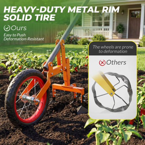 2 In 1 Manual Wheel Hoe Garden Cultivator With Adjustable Long Handle 51.9 To 64.9 Inches, showing metal rim solid tire on soil.