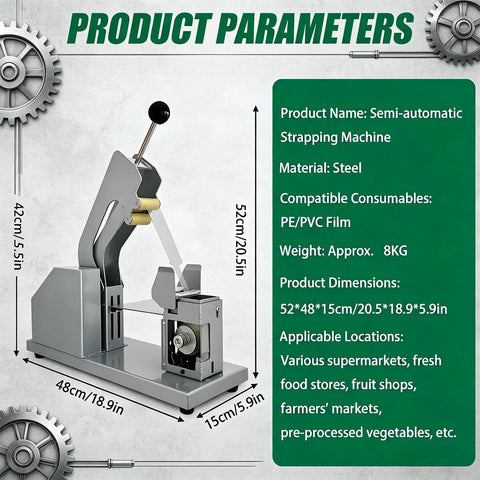 Semi Automatic Vegetable Strapping Machine Compact PE PVC Film Tying Tool Adjustable Tightness Bundler dimensions and specifications.