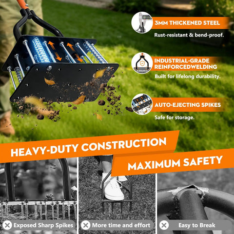 Heavy Duty Lawn Aerator Tool With Pro-Grade 15 Sharp Spikes For Deep Soil Loosening, Manual Grass Aerator close-up with ejecting spikes