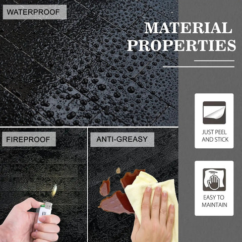 10 Sheet Peel And Stick Backsplash Subway Tile for Kitchen and Bathroom Metal Embossed Bright Black Aluminum Composite 3D Wall Tile showing waterproof, fireproof, and anti-greasy properties.