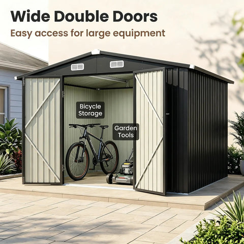 Beefy Heavy-Duty Metal Outdoor Storage Shed With Sloped Roof And Lockable Door For Patio, Lawn And Backyard, Black 10x8 Ft