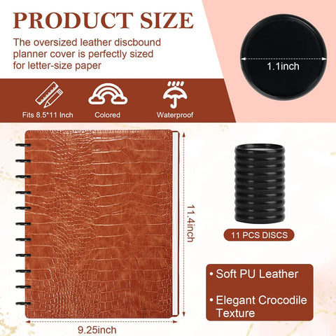 Pu Leather Discbound Notebook Cover Set With 2 Covers And 11 Expansion Discs, letter size, caramel alligator texture, brown