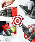 Collage of Electric Metal Cutting Shear For 14 Gauge Steel And 16 Gauge Stainless with 360 Degree Swivel Head, red handle