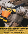 Person using 20V Max Cordless Pruning Chainsaw With 8 Inch Blade Beefy Brushless Power No Fuss Cutting At 24.6 Feet Per Second 4000 RPM Electric Wood Saw on log.