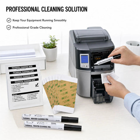Top Tier Printer Cleaning Kit To Keep Your Fargo Compatible ID Card Printer Back In Action With Pro IPA Cleaning Pens Adhesive Cards And Heavy Duty Roller Wipes For No Sweat Routine Maintenance, showing cleaning tools and printer.