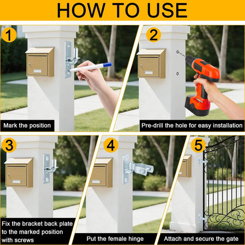 Step-by-step guide to install Heavy Duty Wall Mount Gate Hinges 1 3 8 Inch Galvanized Steel With Four Screws on a white post.